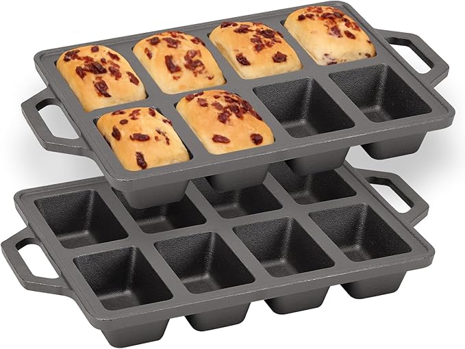 2pack Cast Iron Mini Loaf Pans 8-Cavity Bread Loaf Pans Pre-Seasoned Baking Pan Molds with Handle Bread Pans for Homemade Bread