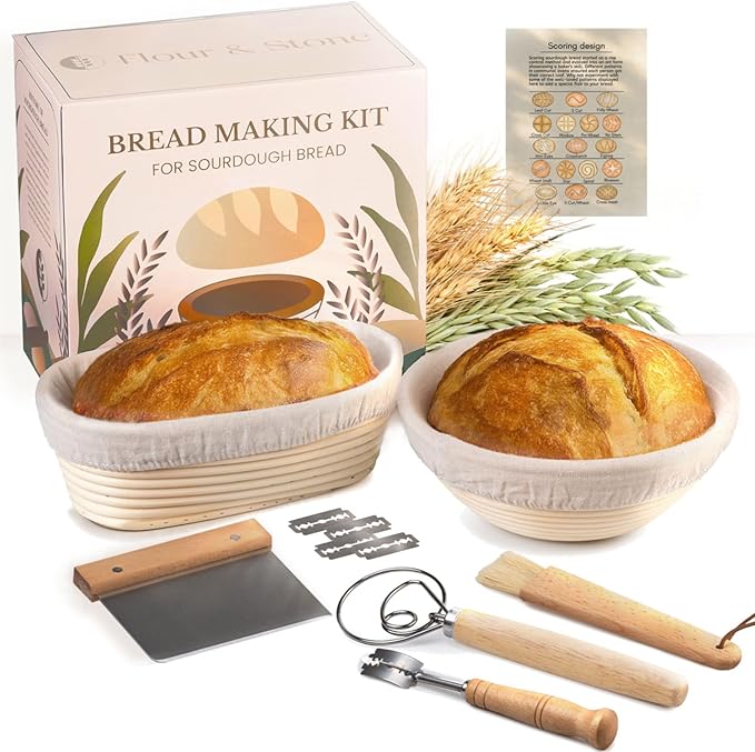 Sourdough Bread Making Kit - For Beginner Bakers Or Anyone Upgrading Tools & Supplies. Homemade Artisan Baking Gift Set Includes Banneton Proofing Baskets & Quick Start Guide, Flour & Stone