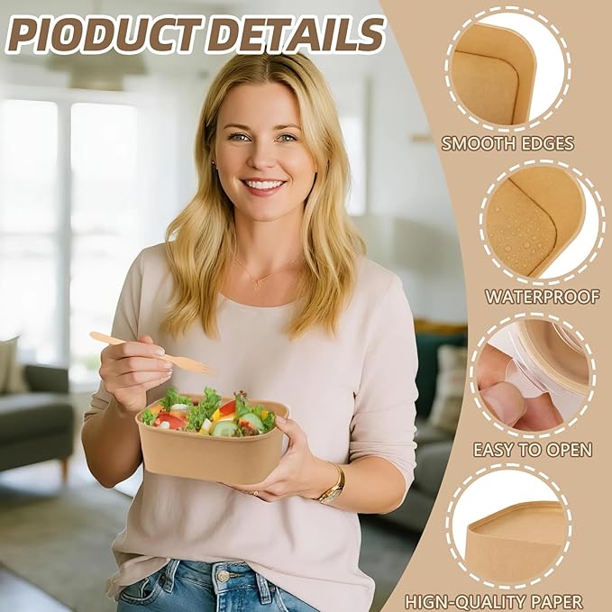 50 Pack 35 oz Paper Food Containers with Lids, Meal Prep Containers Disposable Large Paper Bowls, Microwavable and Freezer Storage Use Cardboard Food Containers