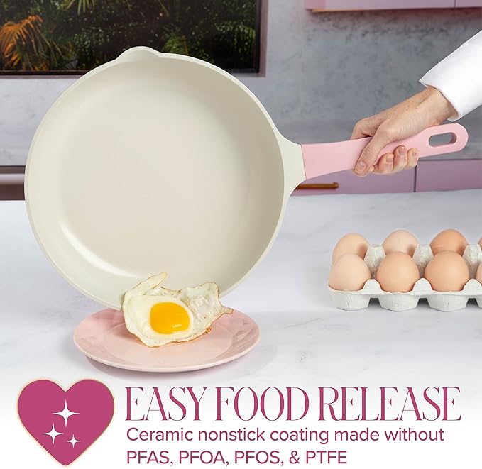 Paris Hilton Ceramic Cast Aluminum Nonstick Fry Pan, Fast & Even Heating with Easy Pour Spouts & Comfort-Grip Handle, 11-Inch, Pink