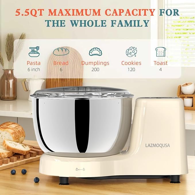 Electric Dough Mixer Maker 5.5 QT, Fermenting and Kneading Flour Mixer Machine with 304 Stainless Steel Bowl & Smart Timing for Baking Bread Cake Pizza Roti Dumpling Dough & Sourdough