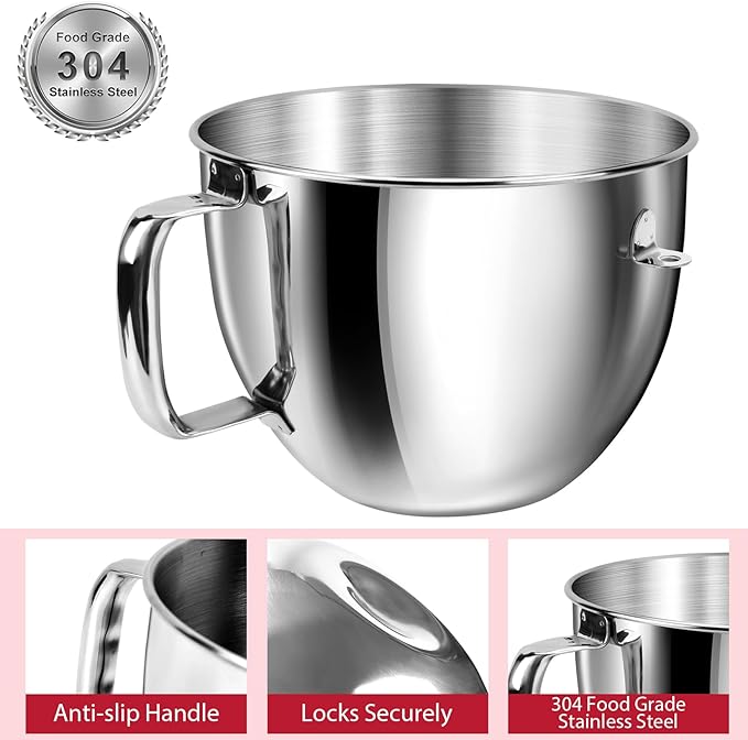7QT Stainless Steel Mixer Bowl for Kitchenaid Stand Mixers, Kitchen Aid Mixing Bowl for 7QT Lift Mixer with Handle, Compatible with KSM70SKXXBK, Dishwasher safe.