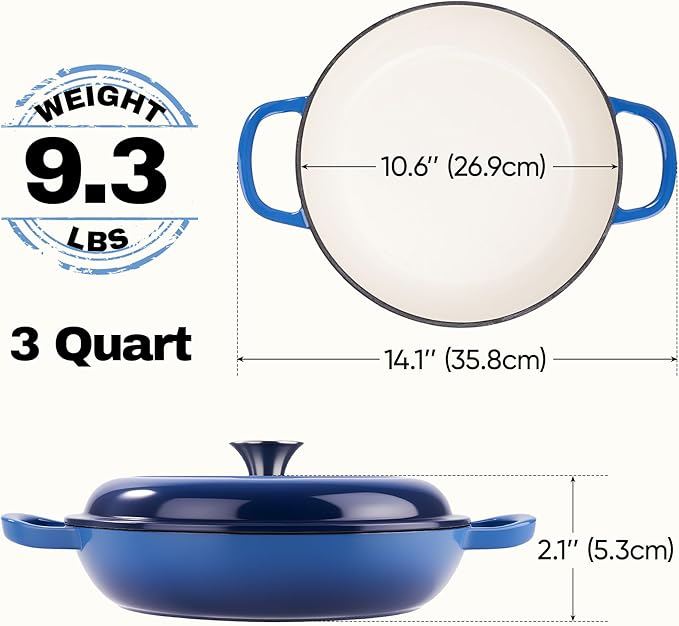 3 Quart Enameled Cast Iron Braiser, Non Stick Enameled Cast Iron Skillet with Lid, Dutch Oven Skillet with lid up to 500°F for Oven, Stove, Grill, Shallow Dutch Oven for Cook, Bake (Blue)