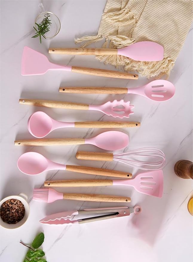 19 Pieces Kitchen Utensils and Knife Set with Block, Inldued 9 Pieces Silicone Cooking Utensils Set 5 Pieces Sharp Stainless Steel Chef Knives Scissors Whisk Tongs and Cutting Board (PINK)