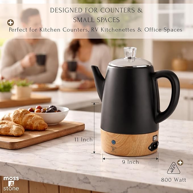 Moss & Stone 10 Cup Black Percolator Coffee Pot Electric, Stainless Steel Coffee Percolator Electric With Keep Warm Function, Classic Perculator Pot With Removable Basket for Home or Office
