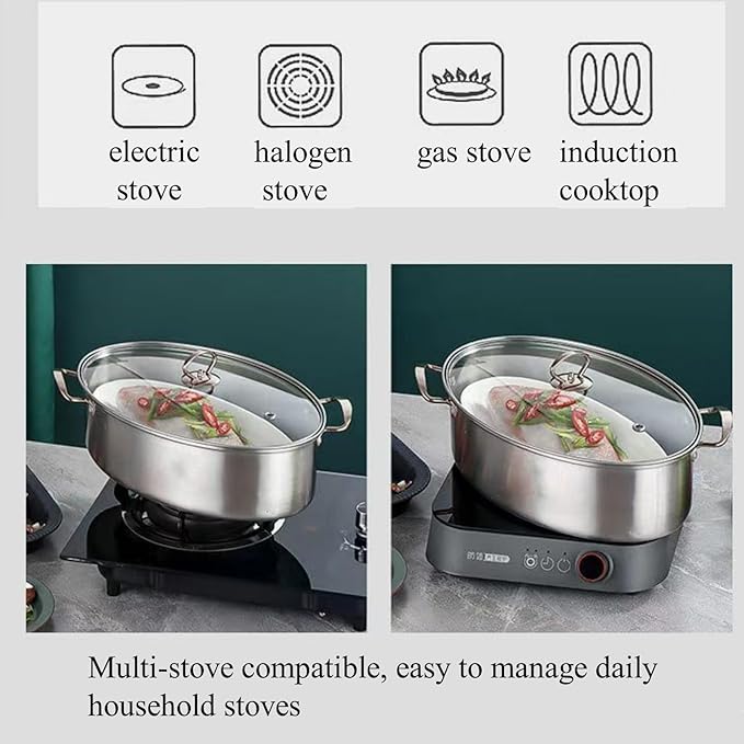 Stainless Steel Fish Steamer Set Large Steamer Pot for Steaming Fish, Boiling Soup Multi-Use Oval Cookware with Glass Lid, Rack, Pan, Chuck