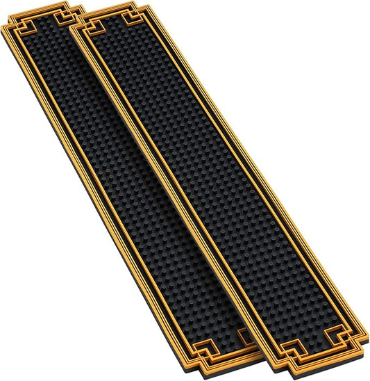 2 Pcs 24 x 4 Inch Bar Mat Non Slip Rubber Mat with Gold Border Durable Stylish Spill Cocktail Service Coffee Mats for Restaurants Barbershop Clippers Bartending, Black