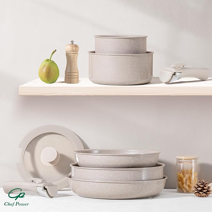 Chef Power Ceramic Nonstick Pots and Pans Set 19 Piece with Detachable Handle, Induction Dishwasher Oven Safe Cookware Set, RV Kitchen Set Removable Handle, Mocca Taupe