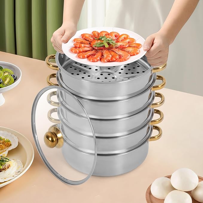 Stainless Steel Steamer Pots, Non-Stick Meat Vegetable Cooking Steam Pot Kitchen Steamer Cooker Dumpling Steamer Cookware Steaming Pots for Induction Cookers, Electric Ceramic Stoves (5-Tier, 26cm)