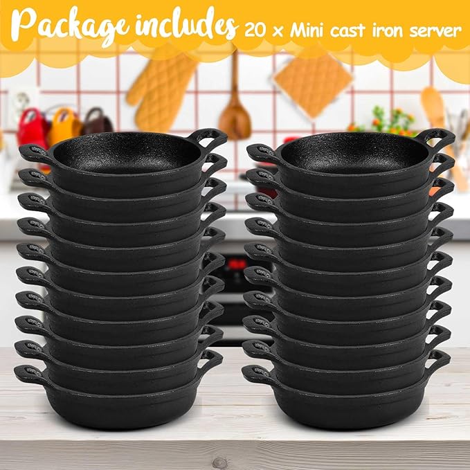 20 Pack Mini Cast Iron Skillets 5 x 5 x 1.3 Inch Cast Iron Pan Small Ramekin Set Black Casserole Dish Cookware Oven Safe Mini Skillets for Kitchen Indoor Outdoor Picnic