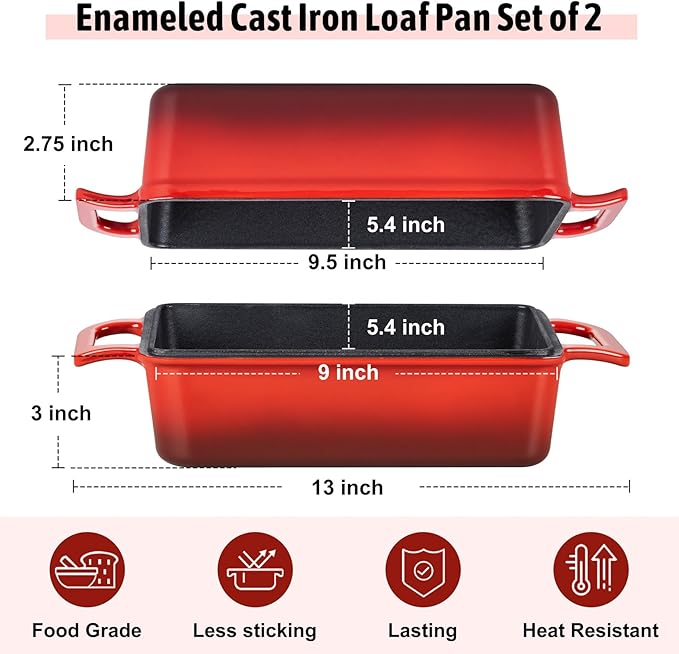 P&P CHEF 2-In-1 9 x 5 Inch Cast Iron Loaf Pan with Lid (Red), Bread Loaf Pans for Baking Homemade Sourdough Bread, Meatloaf, Toast, Cake, Nonstick & Healthy & Sturdy, 2 Piece Set