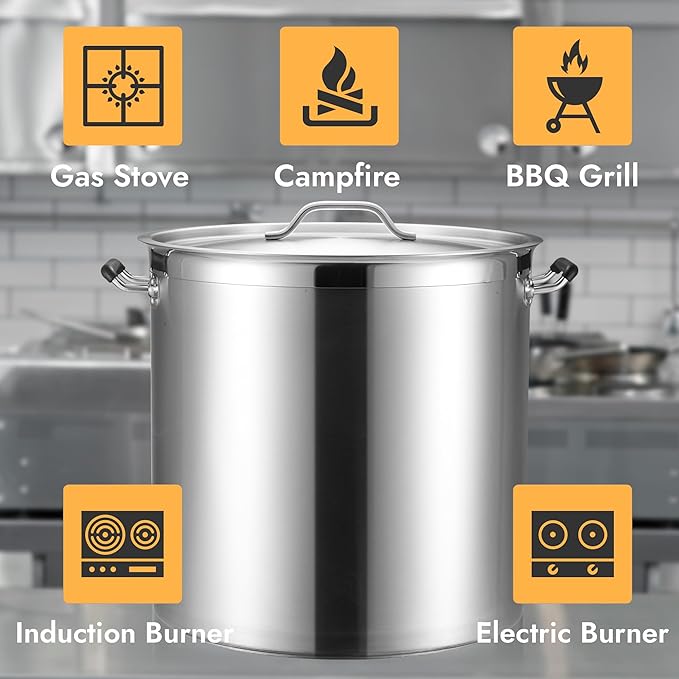 CURTA 75 Quart Large Stock Pot with Lid - Bottom Width 17.7 Inches - NSF Listed 3-Ply Clad Base 18/8 Stainless Steel Commercial Induction Ready Cookware