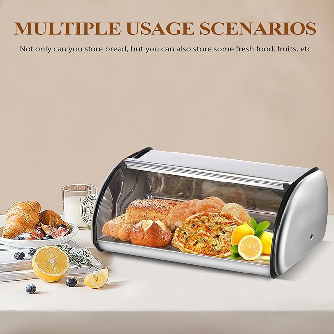 ENLOY Bread Box for Kitchen Counter, Stainless Steel Roll Top Bread Bin, Sliver Bread Storage Holder with Lid, Large Capacity Bread Keeper, 17 x 11 x 7 Inches