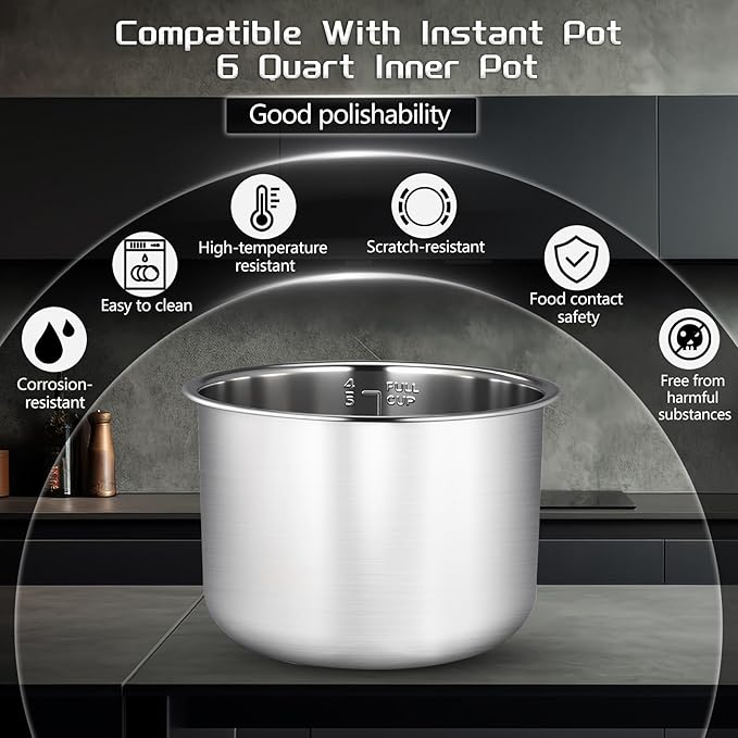 6 Quart Stainless Steel Inner Pot, Compatible with Instant Pot 6 Quart Certain Models, 0 coating, Includes 1 6 QT Inner Pot and 1 Steamer Basket.3 Year Warranty.Not Compatible With CrockPot.