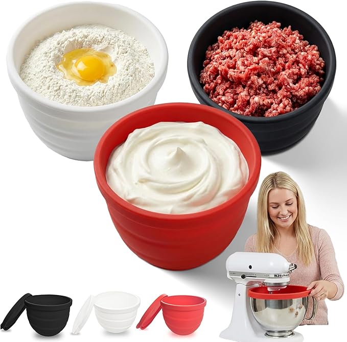 Silicone Bowl Liners for Kitchen 5Qt Tilt-Head Stand Mixers, Mixing Bowl Inserts with Lids, Non-Stick & Heat Resistant, Mixer Accessories Not for Bowl-Lift Models, Replacement Liners set of 3