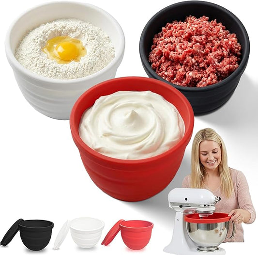 Silicone Bowl Liners for Kitchen 5Qt Tilt-Head Stand Mixers, Mixing Bowl Inserts with Lids, Non-Stick & Heat Resistant, Mixer Accessories Not for Bowl-Lift Models, Replacement Liners set of 3