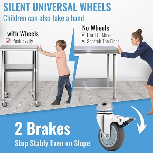 VEVOR Stainless Steel Prep Table, 24 x 24 x 33.5 Inch, 600lbs Load Capacity Heavy Duty Metal Worktable with Adjustable Undershelf & Universal Wheels, Commercial Workstation for Kitchen Garage Backyard