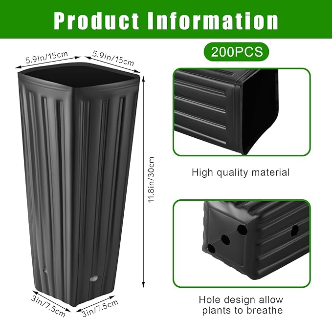 Nuenen 200 Pcs Tall Tree Pot Plastic Deep Plant Nursery Pots Black Seedling Treepots Flower Plant Container with Drainage Holes for Indoor Outdoor Gardening (11.8" H X 5.9" W)