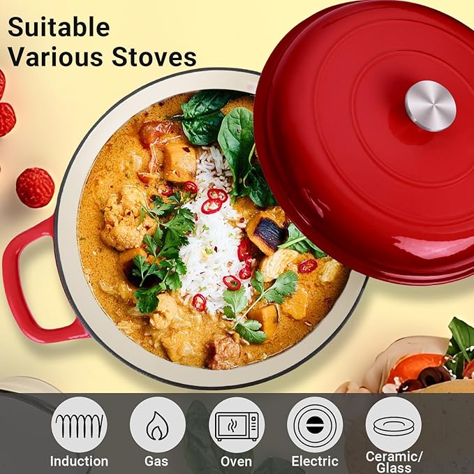 Enameled Cast Iron Dutch Oven, 3.8 Quart Dutch Oven Pot with Lid, Non Stick Cast Iron Pot, Round Oven Safe up to 500°F, Use for Marinate, Cook, Bake and Serve – Gradient Red