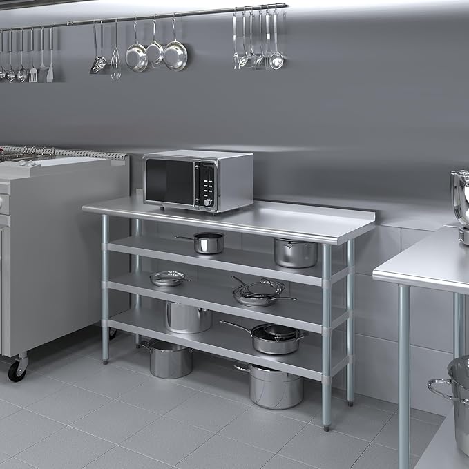 AmGood Stainless Steel Work Table with 1.5" Backsplash and 3 Shelves | Metal Kitchen Food Prep Table | NSF (60" Long x 18" Deep)