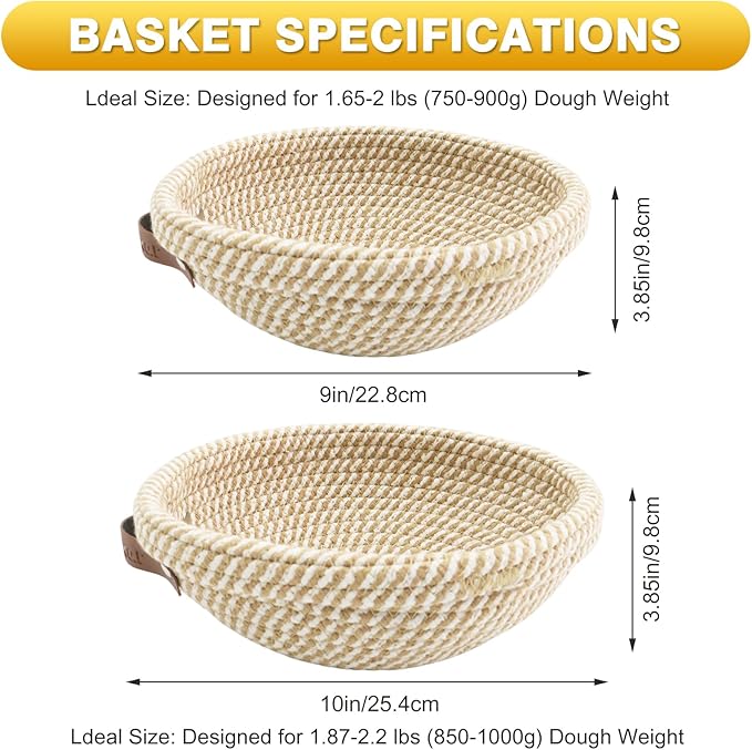 Banneton Bread Proofing Basket Set of 2, 9 Inch & 10 Inch Round Cotton Rope Sourdough Bread Baking Supplies Proofing Bowls with Liners & Covers Gifts for Bakers Women Wife Mom