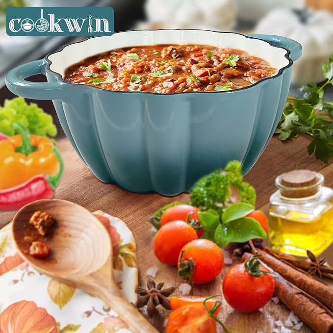 Pumpkin Enameled Cast Iron Dutch Oven with Lid, 4.5 QT Dual Handles and Heavy Duty Pot, Oven Safe up to 500°F for Bread Baking, Braising, Cooking and Family Gifts, Cyan