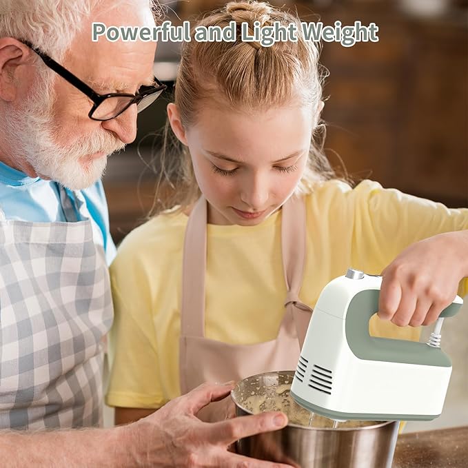 9-Speed Digital Hand Mixer Electric, 400W Powerful DC Motor, Hand Mixer Electric Handheld with Snap-On Storage Case, 5 Stainless Steel Accessories, Beaters, Dough Hooks, Whisk(Light Green)