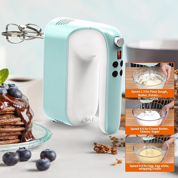 9-Speed Digital Hand Mixer Electric, 400W Powerful DC Motor, Hand Mixer Electric Handheld with Snap-On Storage Case, 5 Stainless Steel Accessories, Beaters, Dough Hooks, Whisk(Ice Blue/White)
