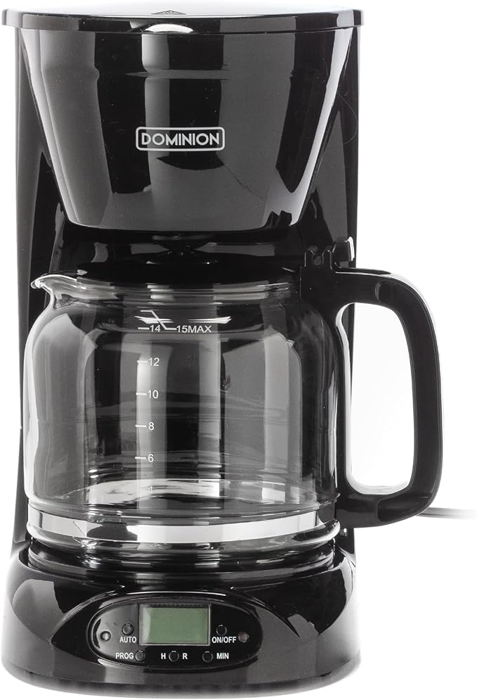 Dominion 15-Cup Deluxe Digital & Programmable Drip Coffee Maker, Auto Keep Warm Function, Anti-Drip System with Permanent Filter and Borosilicate Glass Carafe, One-Touch Operation, Black