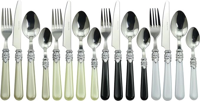 The Original Brink House Glam Mix & Match Stainless Steel Cutlery Set with Assorted Baroque Handles / 16 pieces with Metal Stand, Lifestyle utensils set for home, first apartment, dorm, dinner parties
