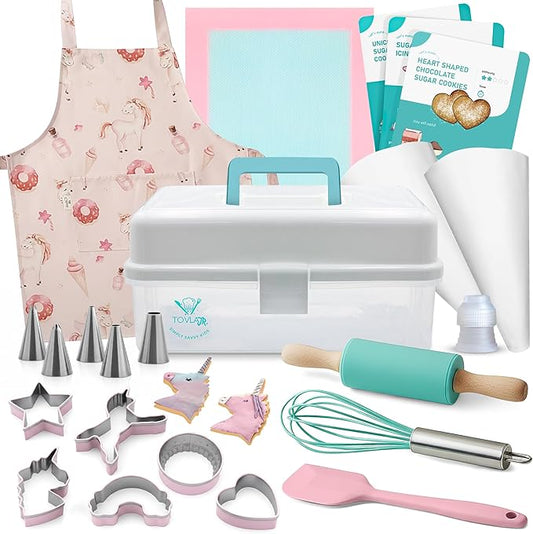 Tovla Jr. Kids Baking Gift Set with Storage Case - Unicorn Baking Gift Set for Kids-Real Cooking Utensils for Cookie, Cupcakes and Decorating