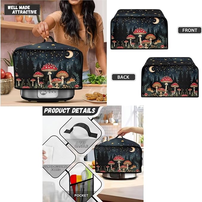 Mushrooms Moon 2 Slice Toaster Cover Small Appliance 3-Pcs Set,Bread Toaster, Blender and Slow Cooker Cover Dust and Fingerprint Protection, Machine Washable Kitchen Decor (Black)
