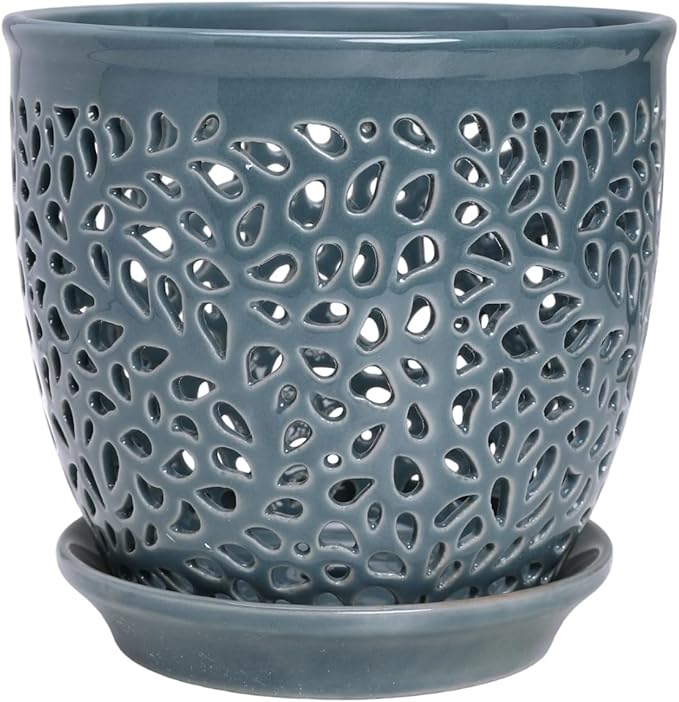 Elegant Orchid Pot with Holes, Large 6.5 inch Premium Porcelain Ceramic Orchid Pot for Repotting, Durable Ceramic Planter with Removable Saucer for Easy Drain, Planter Gifts for Moms