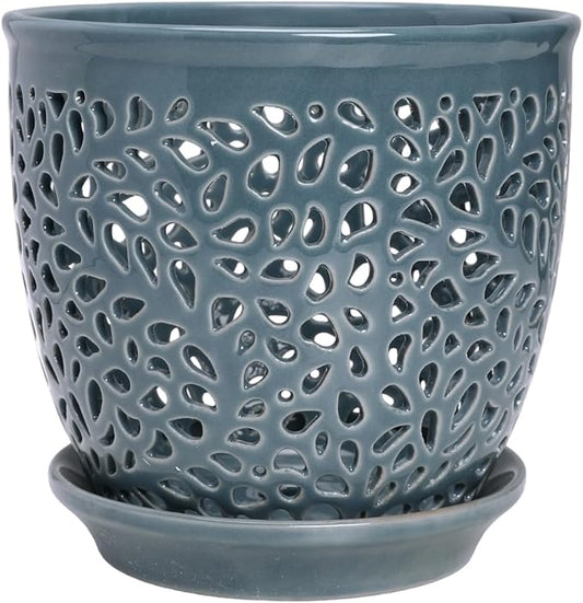 Elegant Orchid Pot with Holes, Large 6.5 inch Premium Porcelain Ceramic Orchid Pot for Repotting, Durable Ceramic Planter with Removable Saucer for Easy Drain, Planter Gifts for Moms