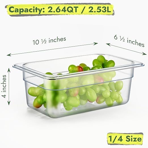 CURTA 6-Pack 1/4 Size 4" Deep NSF Polycarbonate Food Pans with Handled Lids & Drain Trays | Dishwasher & Freezer Safe Clear Container for Prep Tables, Buffet, Salad Bar, Commercial & Home Kitchen
