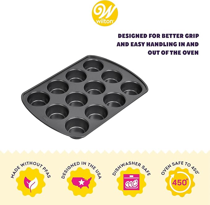Wilton Gold Non-Stick 12 -Cup Muffin Pan, Stainless Steel Bakeware, Made without PFAS, 10.5 x 15 x 1.4 in, Packaging May Vary