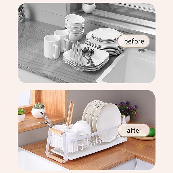 Dish Rack, Over Sink Metal and Wood Dish Drainer with Detachable Drip Tray and Utensil Holder, Space Saving Kitchen Organizer for Countertop (White)
