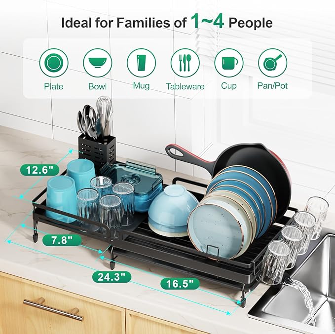 GSlife Large Expandable Dish Drying Rack for Kitchen Counter - Adjustable Dish Drainer with Pans Slots, Rust-Resistant Dish Rack with Utensil Holder and Drainboard, 16.5"-24.4" L x 12.6" W Black