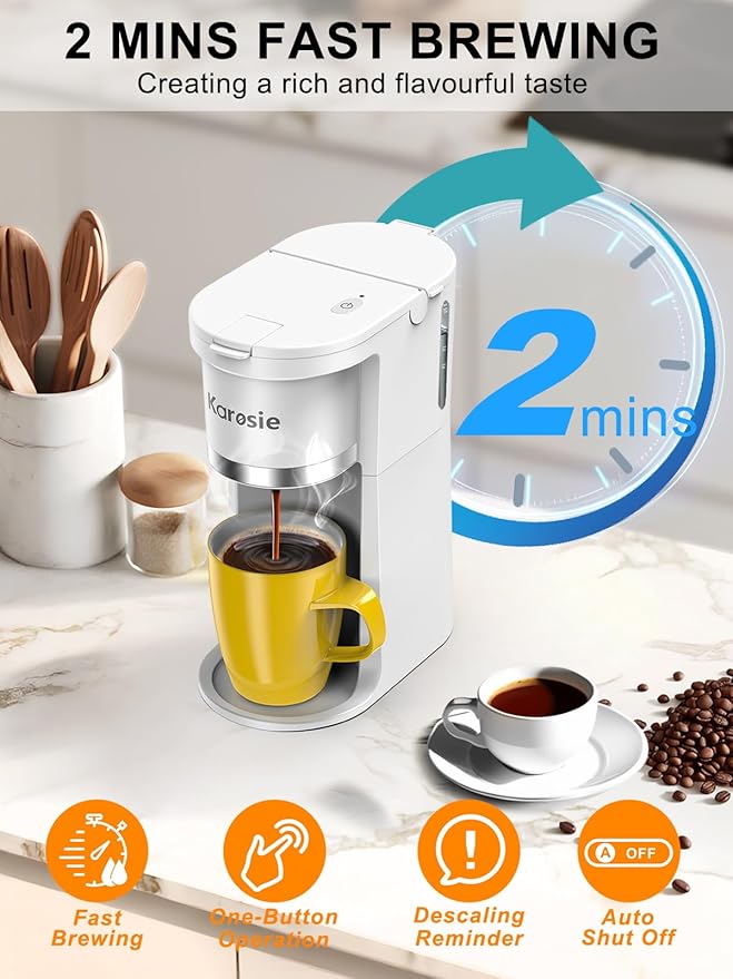 Small Single Serve Coffee Maker, Fast Brew for K-Cup & Ground Coffee, 6-12 Oz Brew Sizes, One-Button Single Cup Coffee Maker, Coffee Machine with Descaling Reminder,White