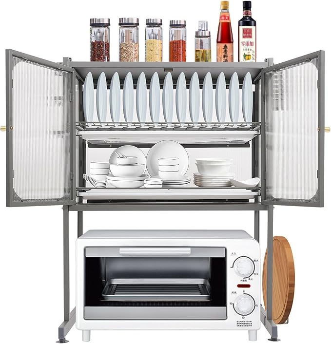 3 Tier Kitchen Countertop Microwave Oven Rack Dying Rack with Storage Cabinet Tableware Organizer Shelf with Draining Trays Knife/Chopping Board Holder Multifunctional Tableware Storage