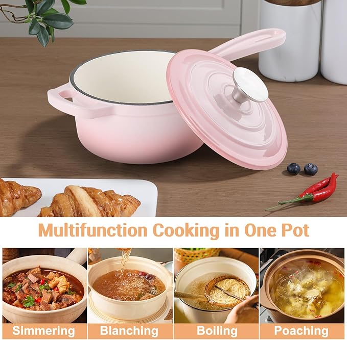 Enameled Cast Iron Sauce Pan, 1 Quart Enameled Saucepan with Lid, Mini Dutch Oven Enamel Saucepan for Cooking Pasta Sauce, Gravy, Puddings, Marinate, Boiling (Gradient Pink)