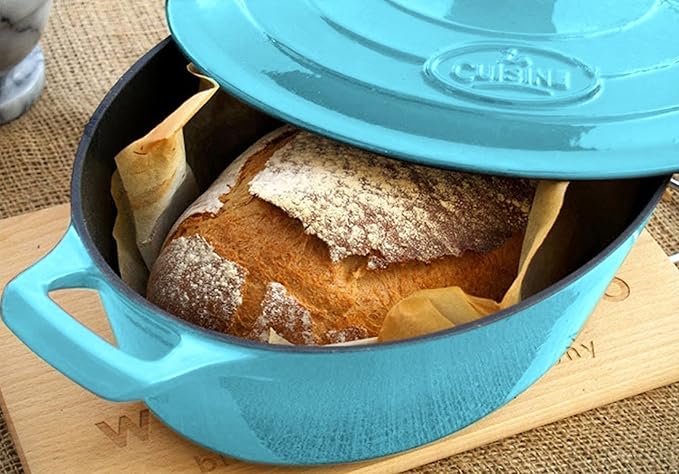 La Cuisine Enameled Cast Iron Oval Dutch Oven Casserole Pot with Lid, 6.75 QT Internal Matte Black Enamel for bread baking, 2-ton Teal Enamel Coating Finish Exterior, Oven Safe up to 480° F