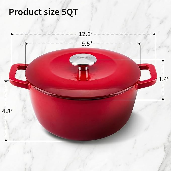 5QT Enamel Cast Iron Dutch Oven with Lid,Dual Handles,Versatile Heavy-Duty Non-toxic Cookware for Sourdough Bread Baking,Braising,Stews,Roasting,Oven Safe up to 500°F red