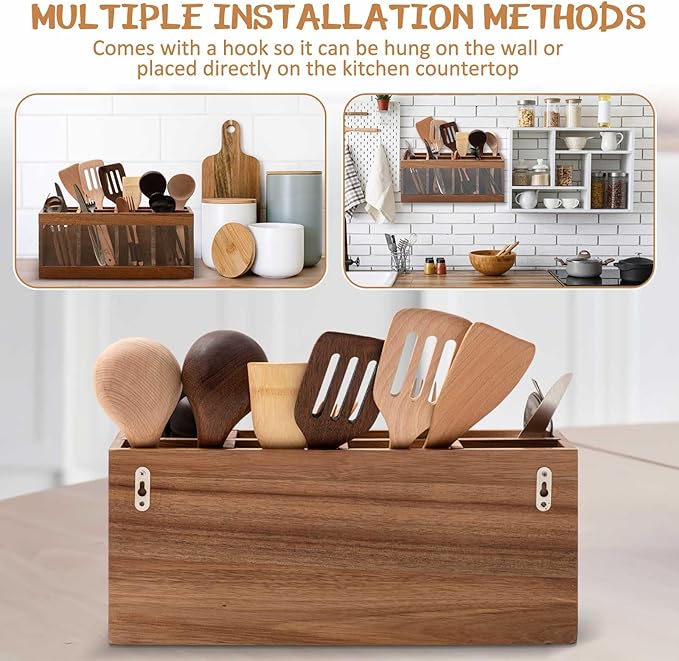 8 Compartments Large Kitchen Utensil Holder Organizer for Counter or Countertop with Absorbing Stone, Extra Large Acacia Rustic Wood Utensil Holder for Storage Cooking and Silverware