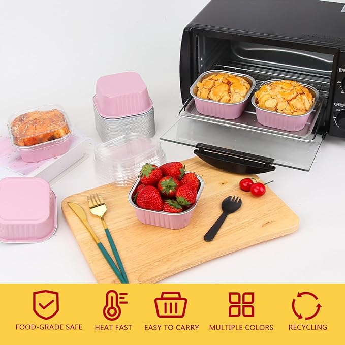 LNYZQUS 10oz/80pack Mini Cake Foil Pans with Lids, 4”x4” Large Cupcake Pan Disposable Ramekins,Small Brownie Baking Cups Square Muffin Tin Cheesecake Containers Holders-Pink