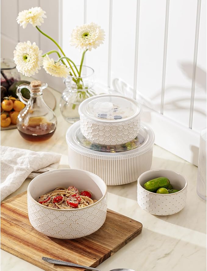 Mixing Bowls with Lids Set of 4, Ceramic Nesting Bowls, Embossed Mixing Bowl Set for Food Storage, Prep Bowl, Gift, Microwave and Dishwasher Safe, 10/18/33/50 OZ, Off-White