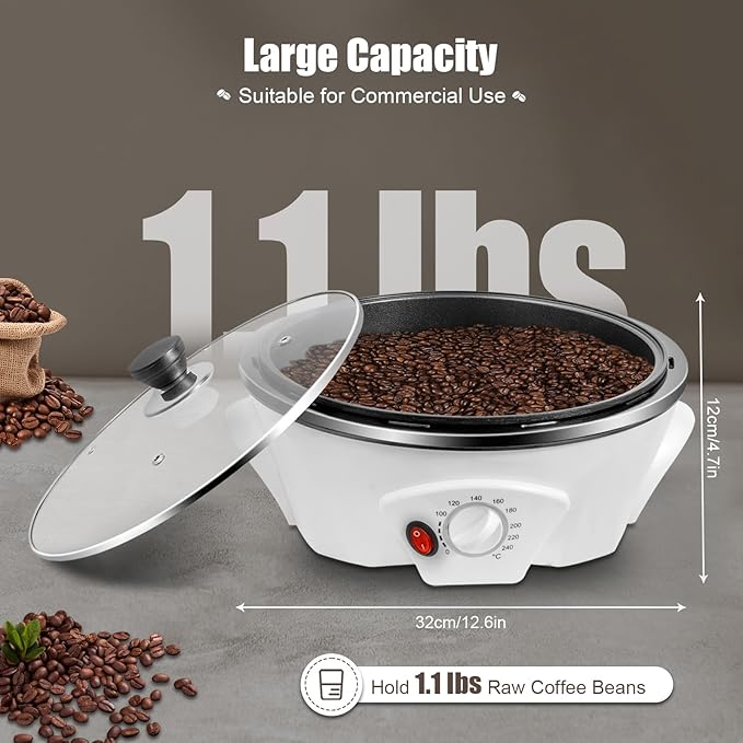 110V 800W Coffee Bean Baking Machine 500g/1.1lbs Capacity Electric Coffee Roaster Adjustable 0-240°C/32-464℉ Tabletop Mount Coffee Roasting Tool with Stir Bar for Peanut Melon Seed Soybean
