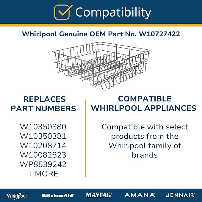 Whirlpool W10727422 Genuine OEM Dishwasher Upper Dishrack Assembly Replacement Part - Replaces W10350380, W10350381, W10208714, and More