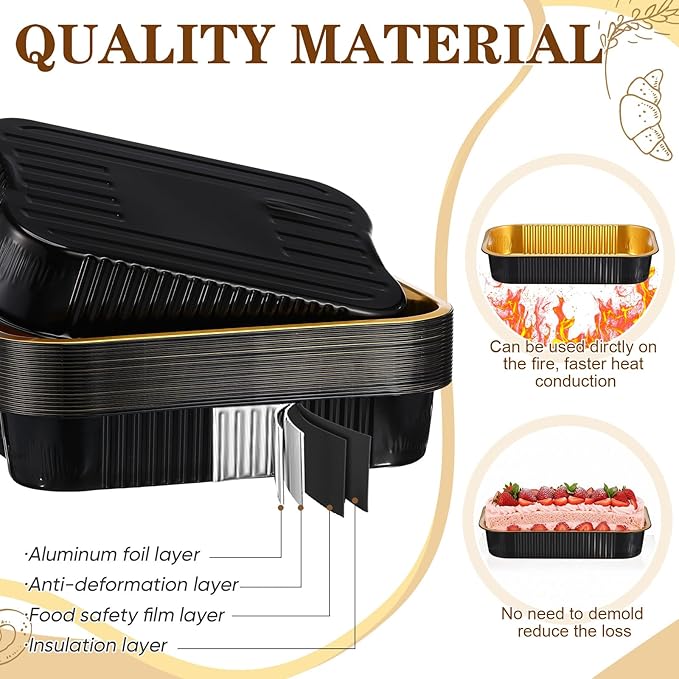 20 Sets 9 x 13 Inch large Loaf Cake Pans with Lids and Spoons Rectangle Aluminum Foil Bread Loaf Baking Pans Disposable big Cake Tins with Clear Plastic Bags and Ribbon, Black Gold, 118.3 oz