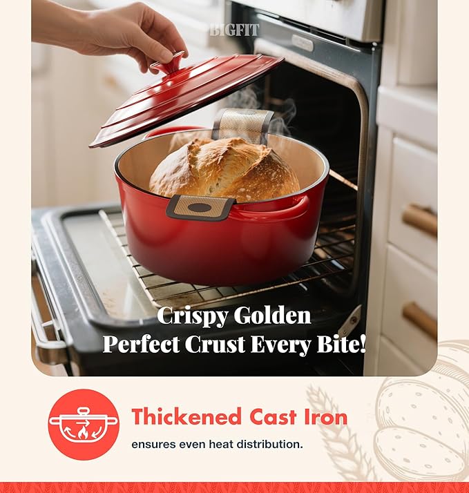Cast Iron Dutch Oven for Bread Baking, With Banneton Bread Proofing Basket & Sourdough Baking Supplies, 5QT Multi-Functional Enameled Dutch Oven Pot with Lid, Cast Iron Bread Pan, Red